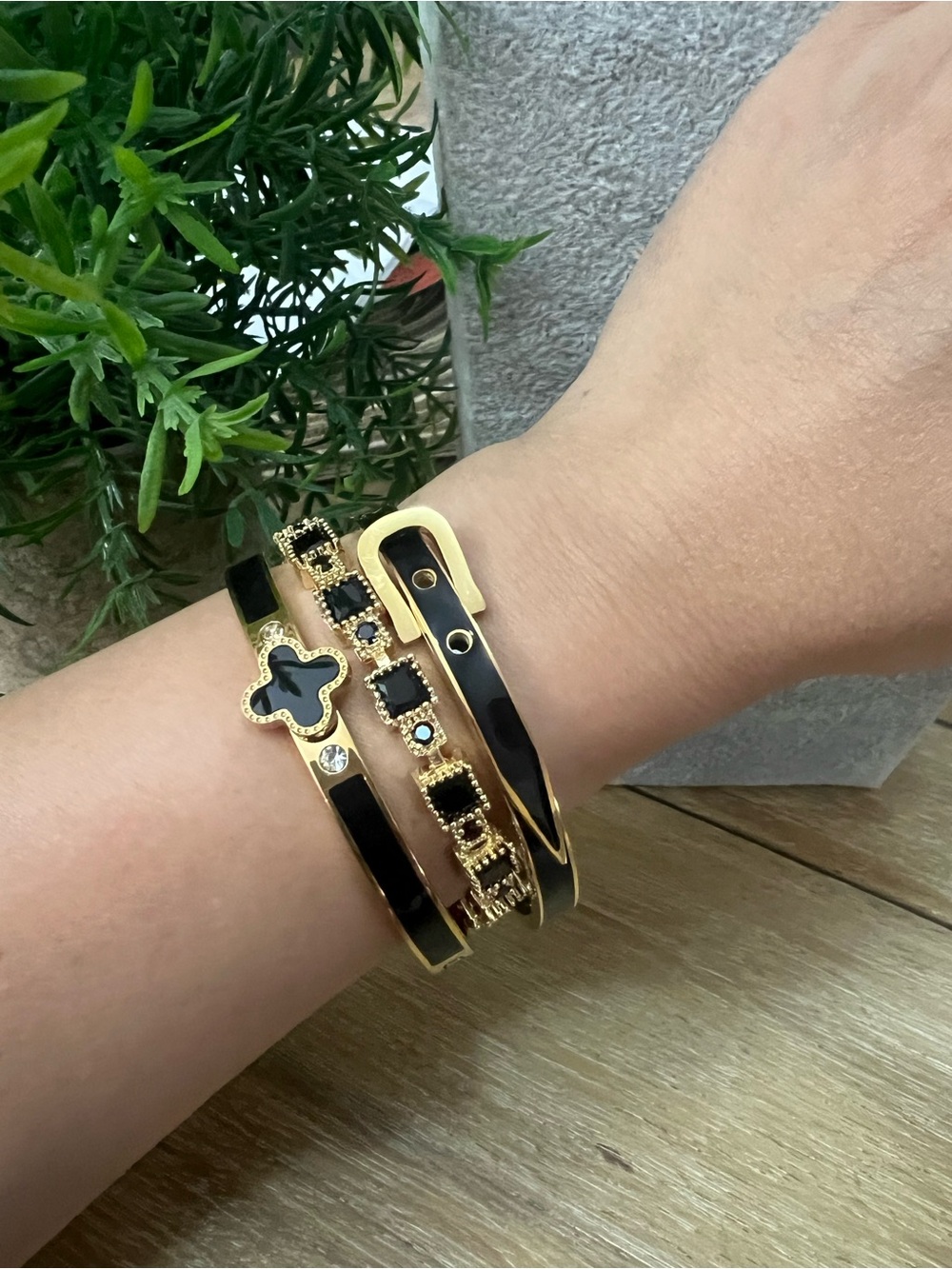Gold & Black Enamel Multi-Row Fashion Bracelet Set